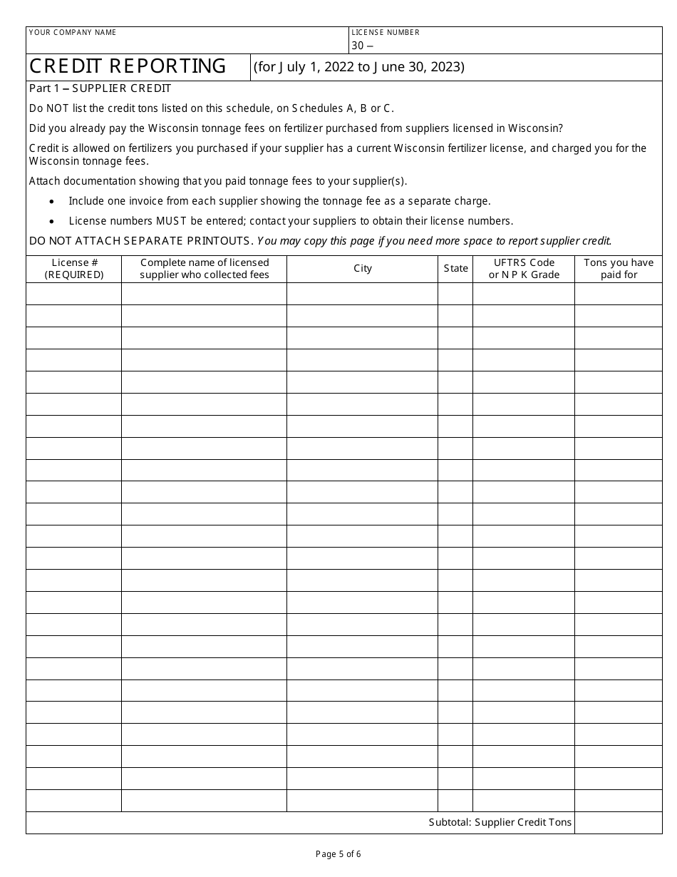 Form DARM-BACM-003 Confidential Commercial Fertilizer Tonnage Report - Wisconsin, Page 5