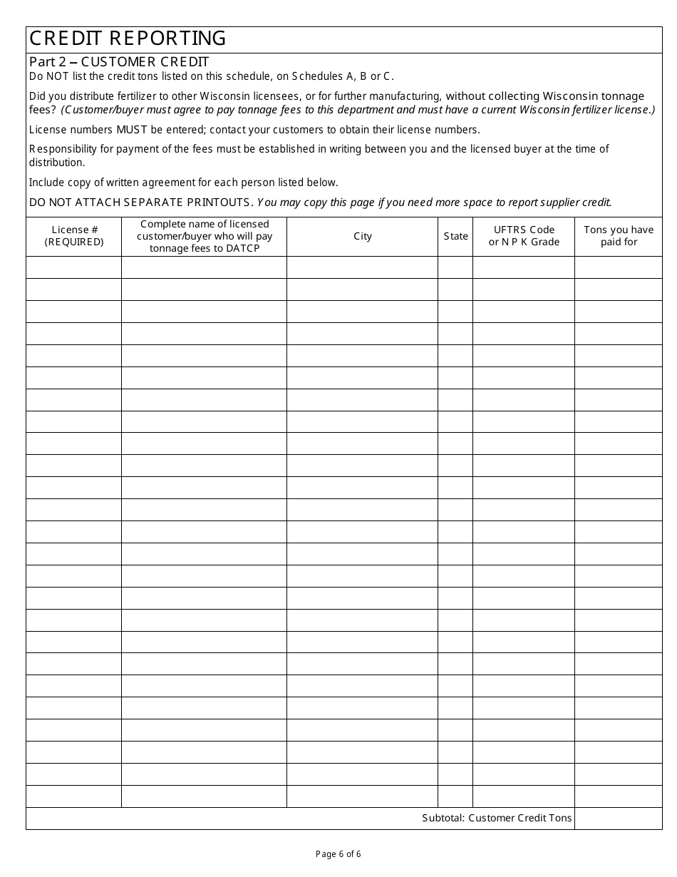 Form DARM-BACM-003 Confidential Commercial Fertilizer Tonnage Report - Wisconsin, Page 6