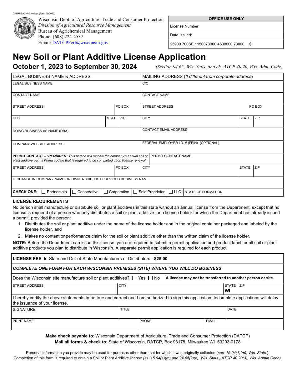 Form DARM-BACM-010 New Soil or Plant Additive License Application - Wisconsin, Page 1