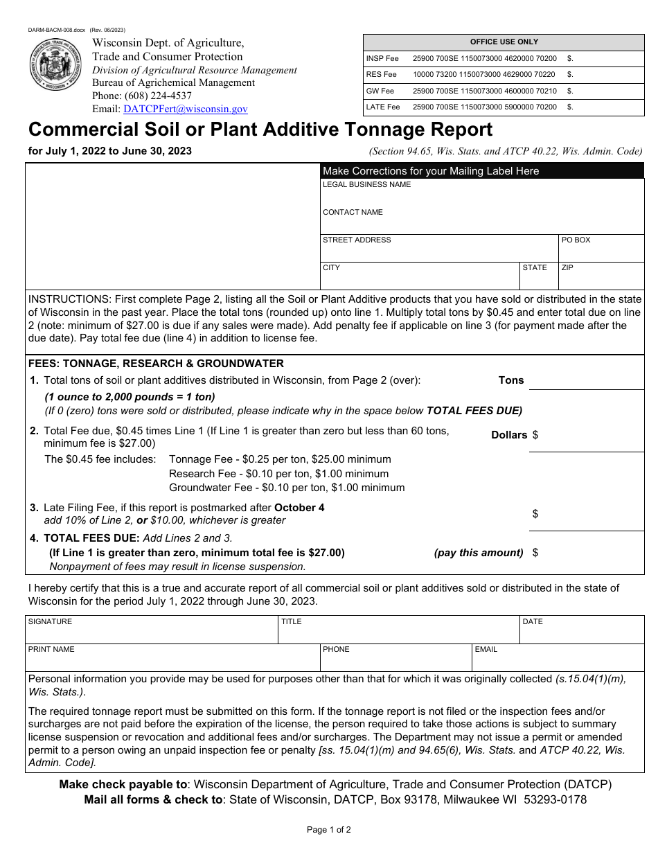Form DARM-BACM-008 Commercial Soil or Plant Additive Tonnage Report - Wisconsin, Page 1