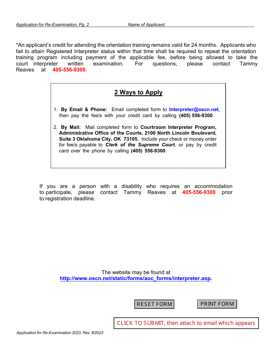 Application for Re-examination - Registered Courtroom Interpreter Training Program - Oklahoma, Page 2