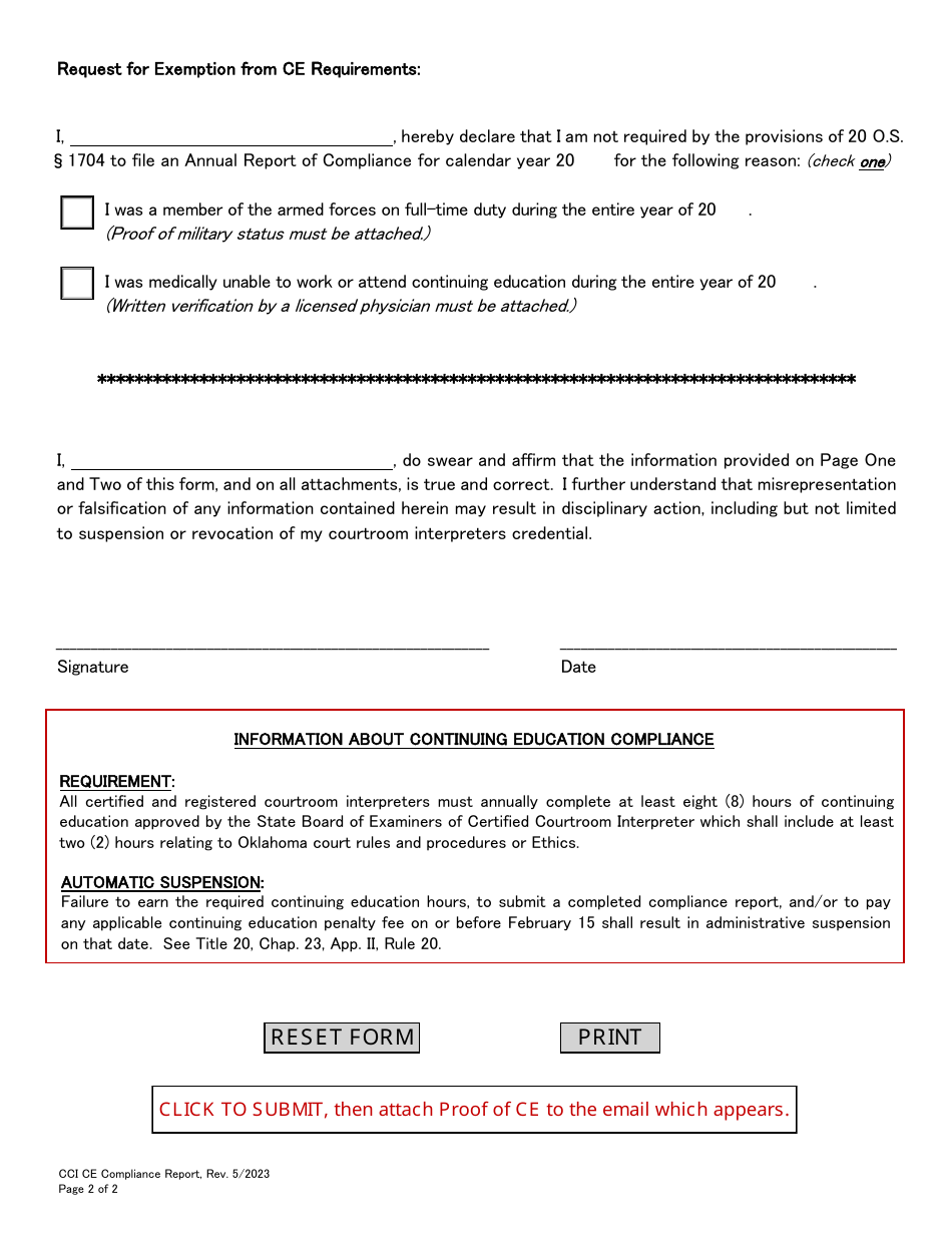 Annual Report of Compliance for Oklahoma Courtroom Interpreters Mandatory Continuing Education - Oklahoma, Page 2