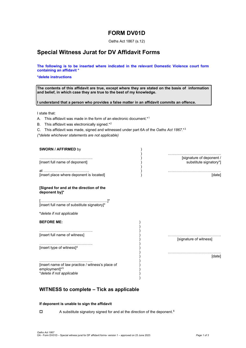 Form DV01D Special Witness Jurat for Dv Affidavit Forms - Queensland, Australia, Page 1