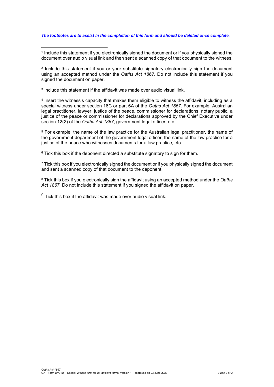 Form DV01D Special Witness Jurat for Dv Affidavit Forms - Queensland, Australia, Page 3