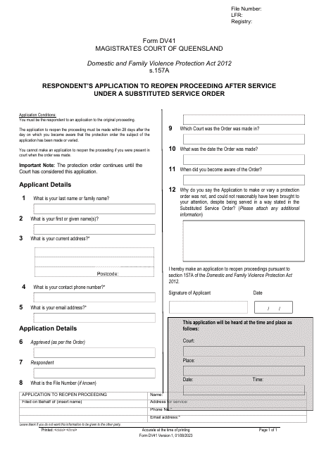 Form DV41 Respondent's Application to Reopen Proceeding After Service Under a Substituted Service Order - Queensland, Australia