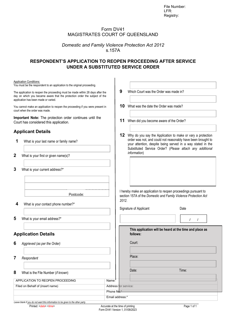 Form DV41 Respondents Application to Reopen Proceeding After Service Under a Substituted Service Order - Queensland, Australia, Page 1
