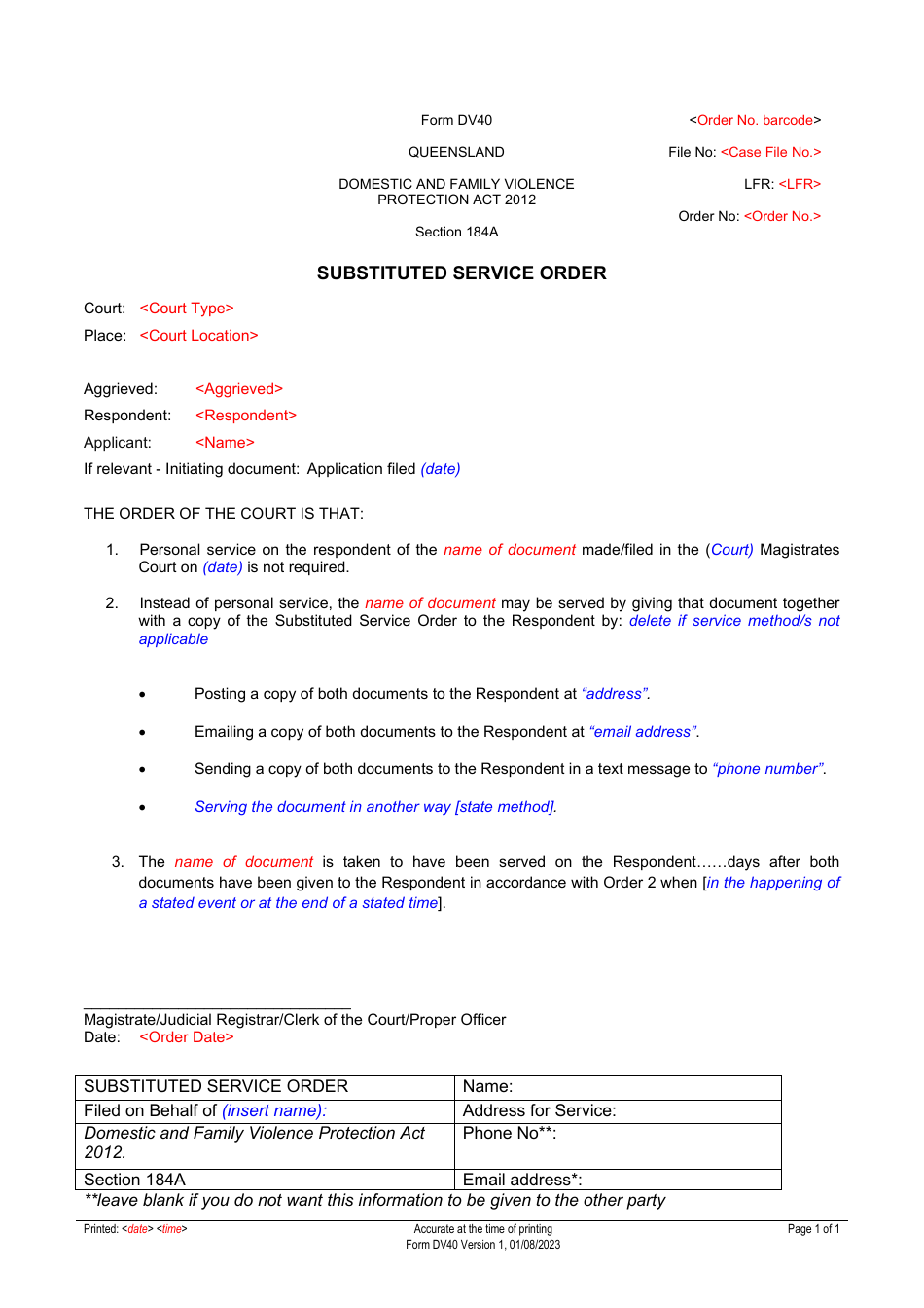 Form DV40 Substituted Service Order - Queensland, Australia, Page 1