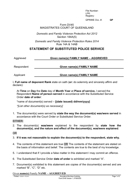 Form DV45 Statement of Substituted Police Service - Queensland, Australia