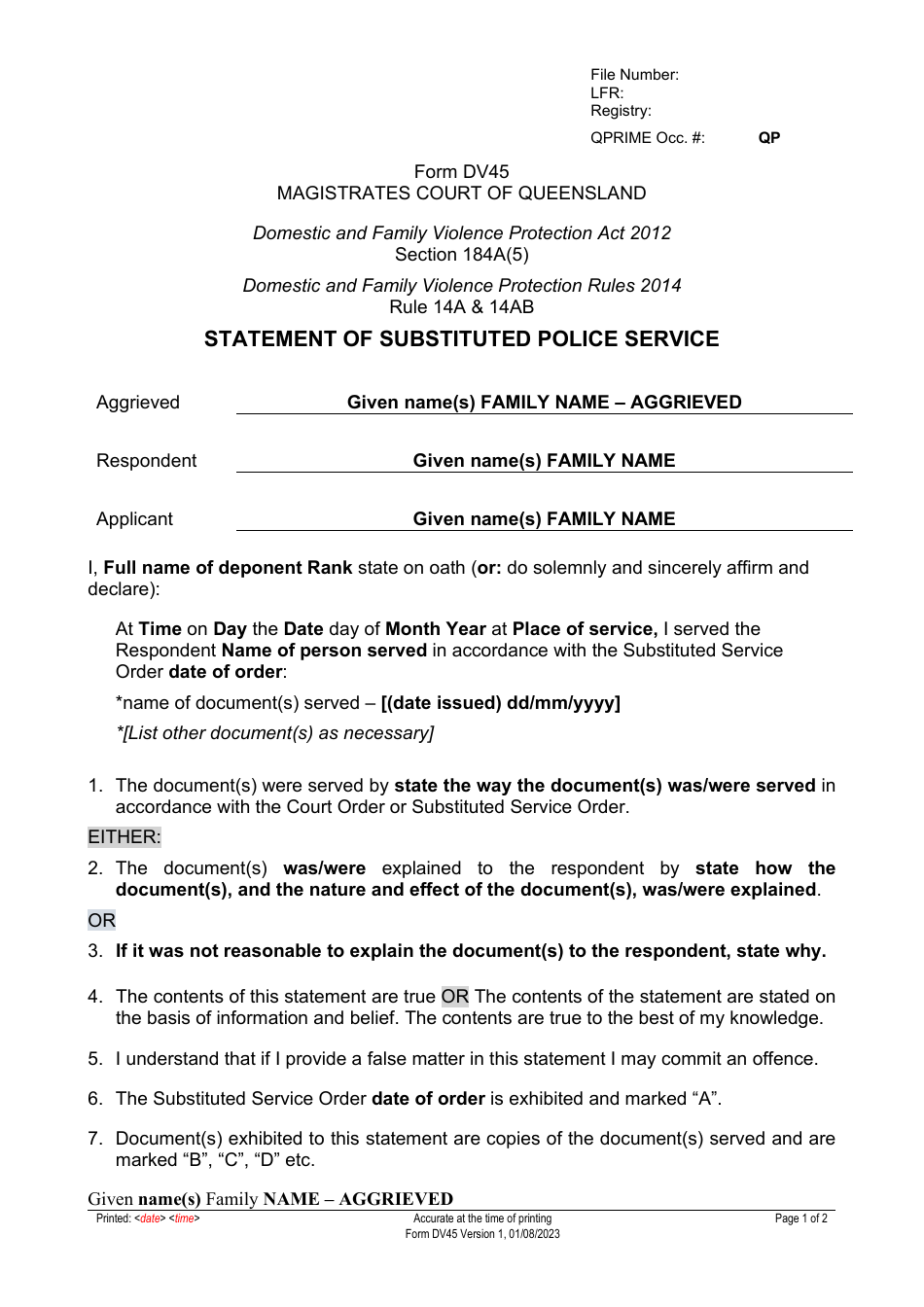 Form DV45 Statement of Substituted Police Service - Queensland, Australia, Page 1
