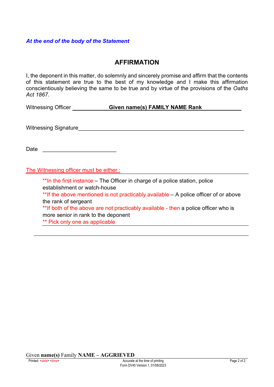 Form DV45 Statement of Substituted Police Service - Queensland, Australia, Page 2