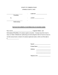 Document preview: Motion and Order for Distribution of Excess Funds - Athens County, Ohio