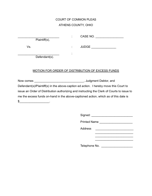 Motion and Order for Distribution of Excess Funds - Athens County, Ohio Download Pdf