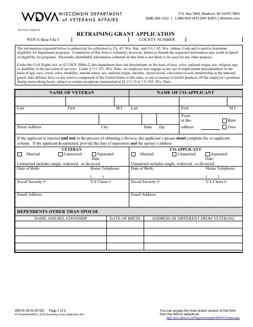 Form WDVA2019 Retraining Grant Application - Wisconsin