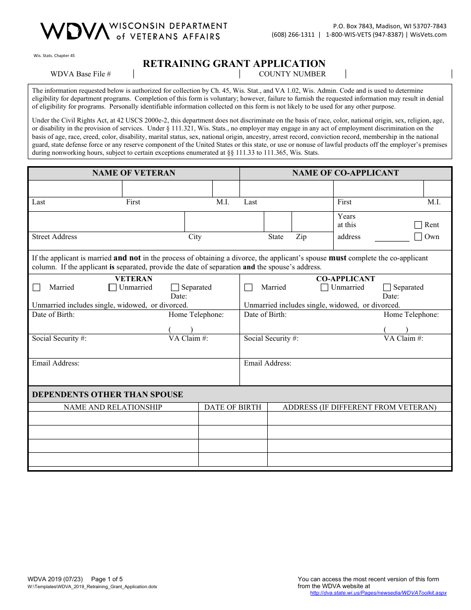 Form WDVA2019 Retraining Grant Application - Wisconsin, Page 1
