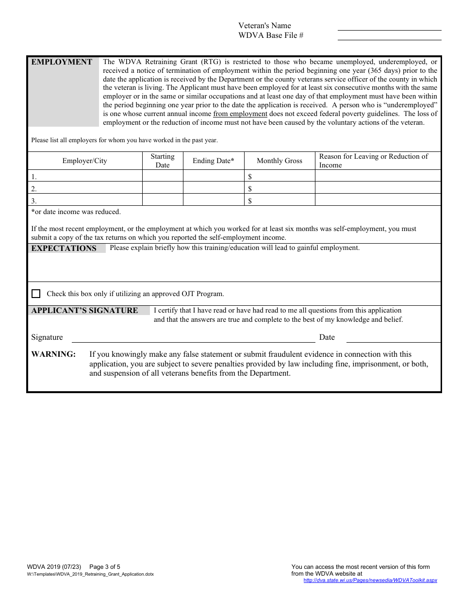 Form WDVA2019 Retraining Grant Application - Wisconsin, Page 3