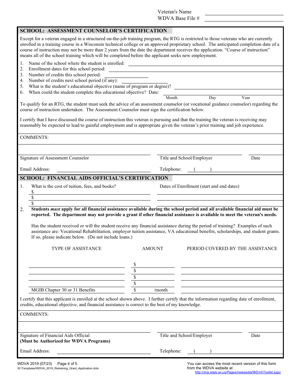 Form WDVA2019 Retraining Grant Application - Wisconsin, Page 4