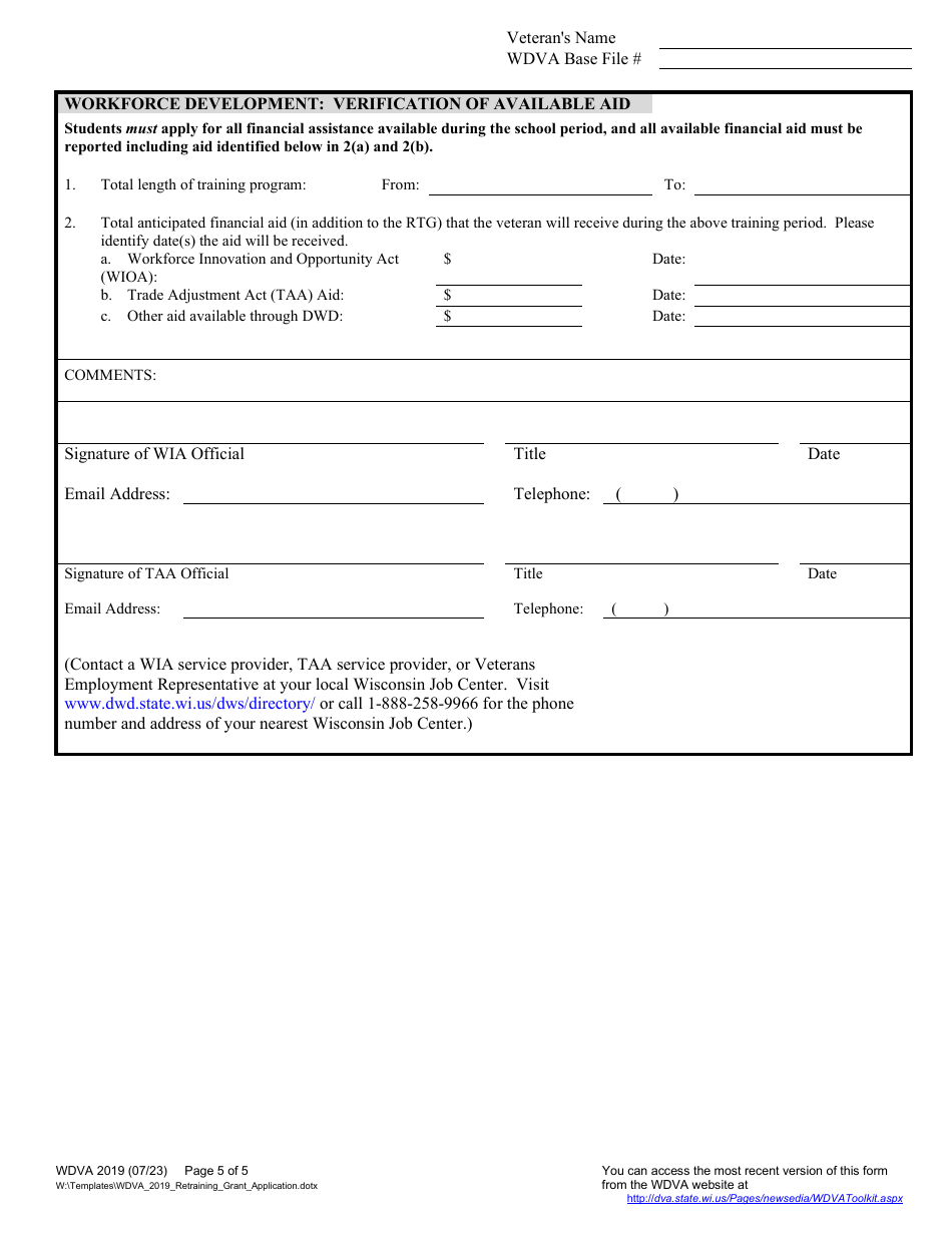 Form WDVA2019 Retraining Grant Application - Wisconsin, Page 5