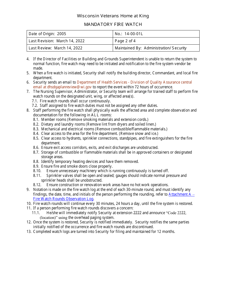 Attachment A Fire Watch Rounds Observation Log - Wisconsin Veterans Home at King - Wisconsin, Page 2