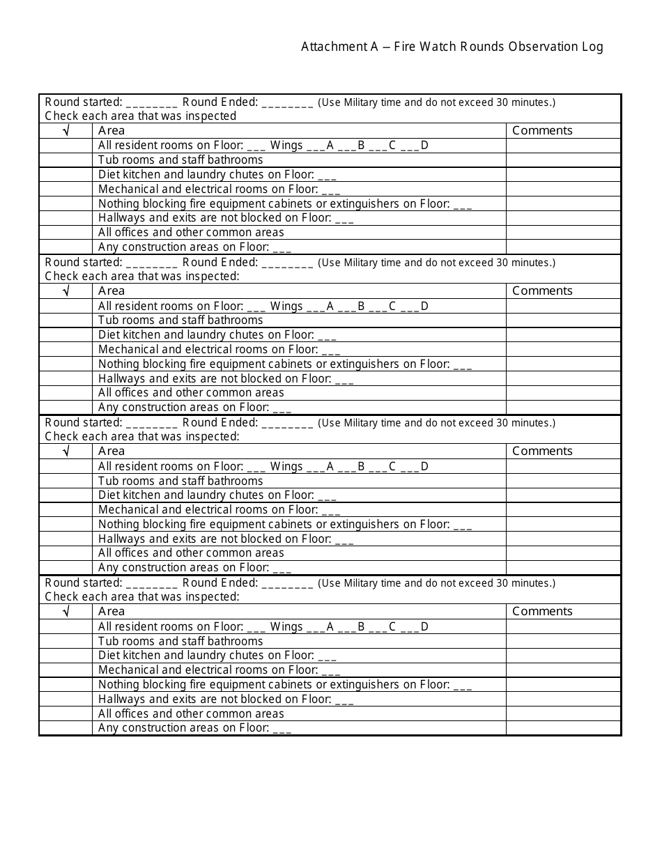 Attachment A Fire Watch Rounds Observation Log - Wisconsin Veterans Home at King - Wisconsin, Page 4