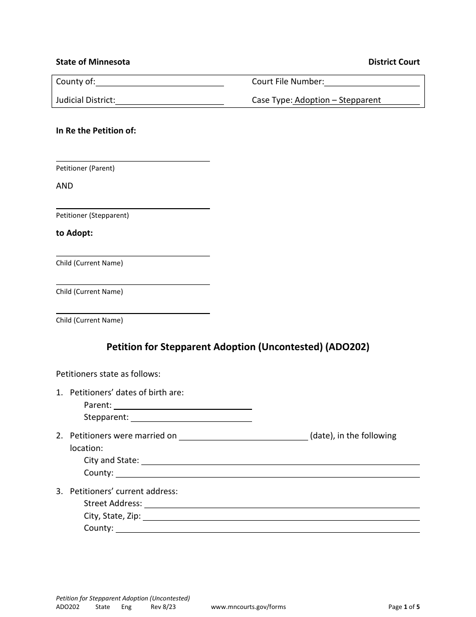 Form ADO202 Petition for Stepparent Adoption (Uncontested) - Minnesota, Page 1