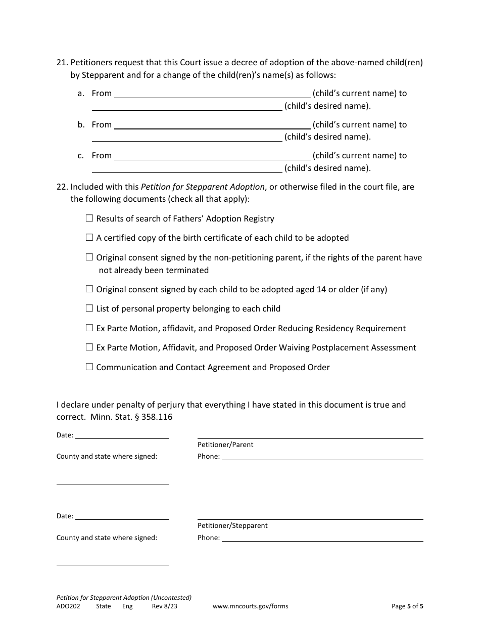 Form ADO202 Petition for Stepparent Adoption (Uncontested) - Minnesota, Page 5