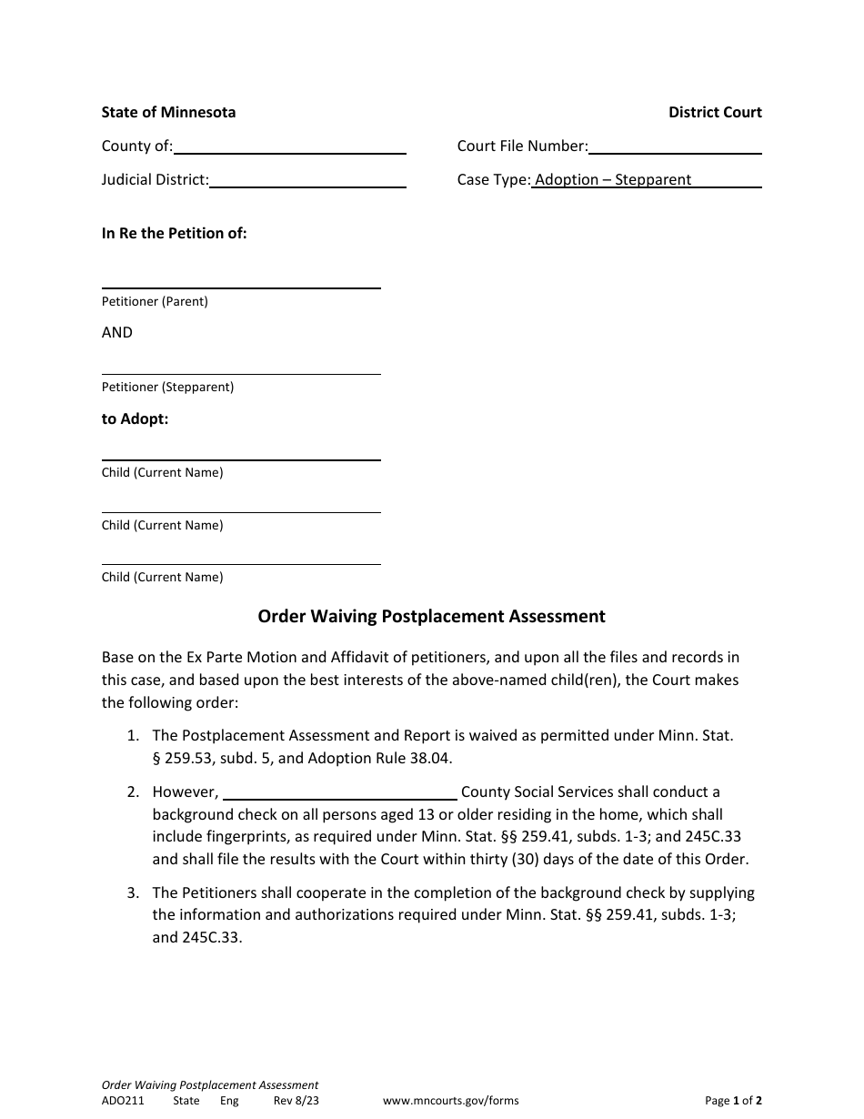 Form ADO211 Order Waiving Postplacement Assessment - Minnesota, Page 1