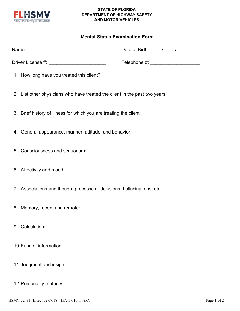 Form HSMV72481 Mental Status Examination Form - Florida, Page 1