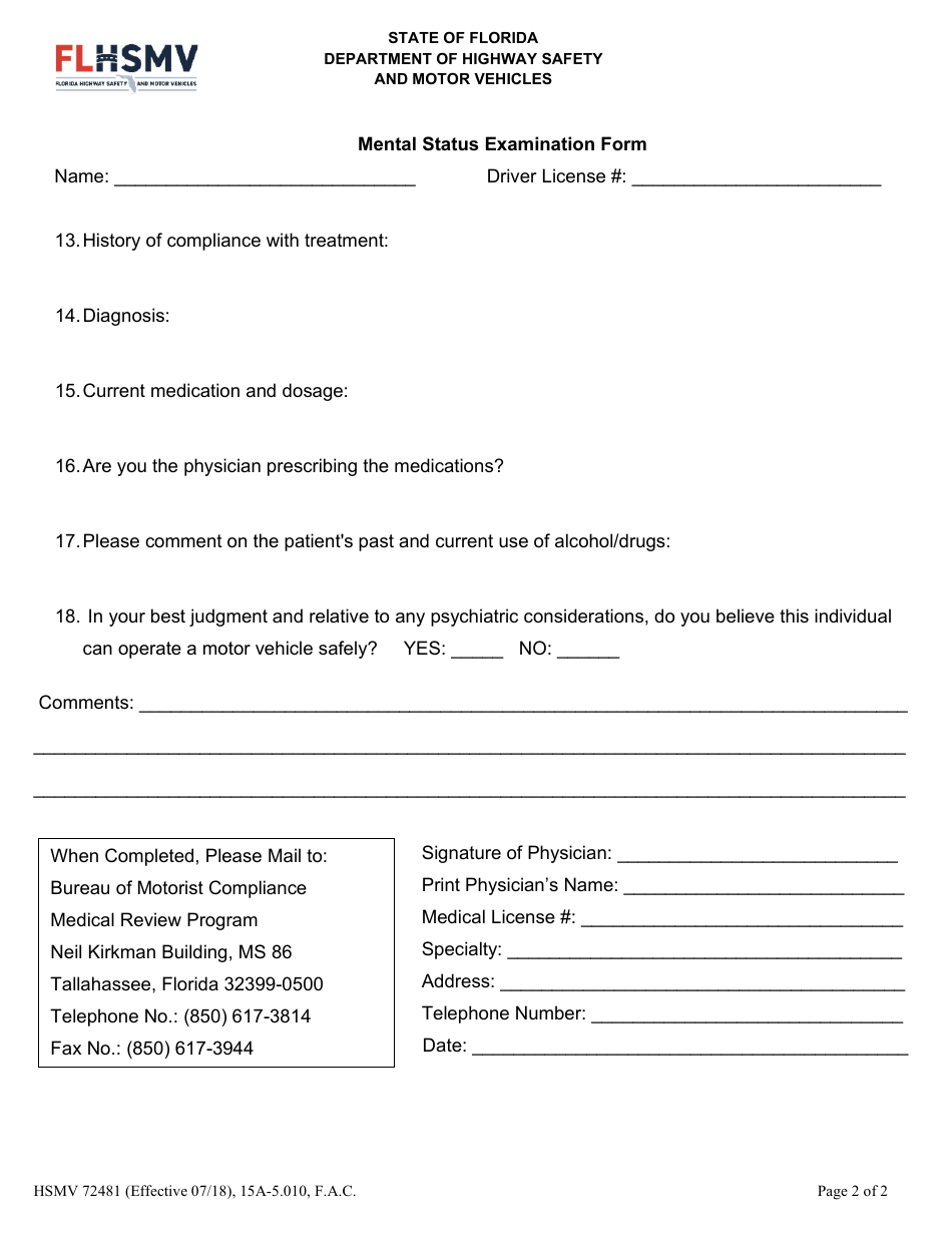 Form HSMV72481 Mental Status Examination Form - Florida, Page 2