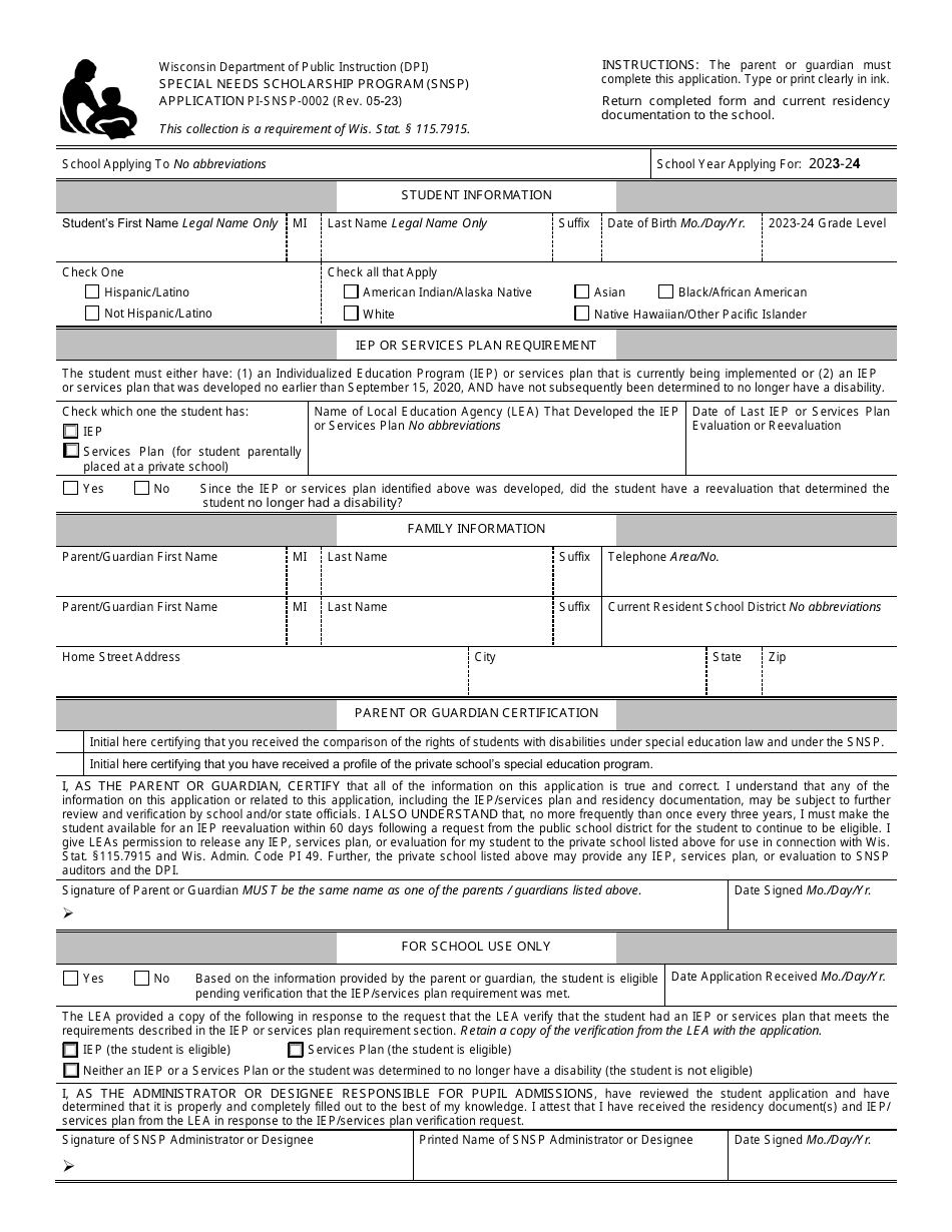 Form PI-SNSP-0002 Special Needs Scholarship Program (Snsp) Application - Wisconsin, Page 1