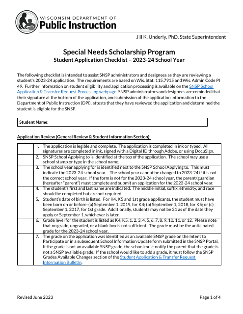 Student Application Checklist - Special Needs Scholarship Program - Wisconsin, 2024