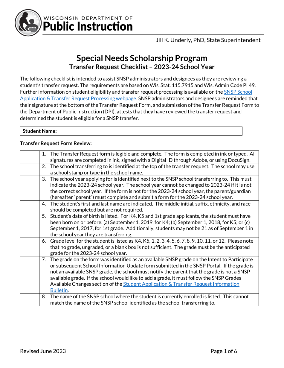Transfer Request Checklist - Special Needs Scholarship Program - Wisconsin, Page 1