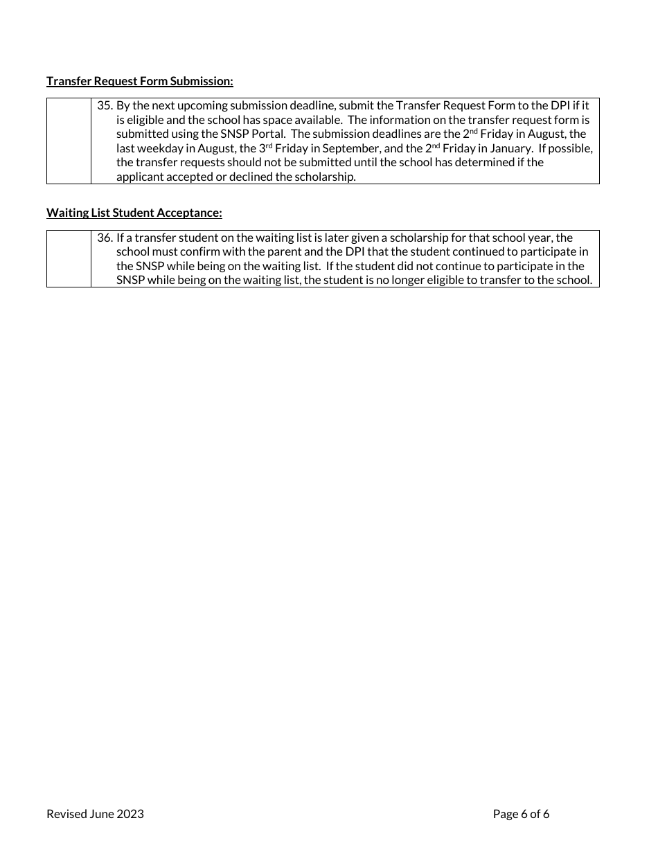 Transfer Request Checklist - Special Needs Scholarship Program - Wisconsin, Page 6