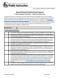 Document preview: Transfer Request Checklist - Special Needs Scholarship Program - Wisconsin, 2024