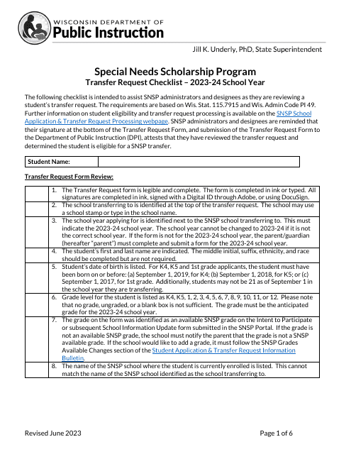 Transfer Request Checklist - Special Needs Scholarship Program - Wisconsin Download Pdf