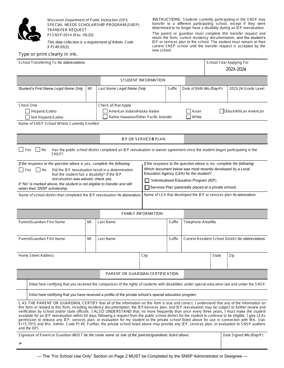 Form PI-SNSP-0014 Special Needs Scholarship Program (Snsp) Transfer Request - Wisconsin, Page 1
