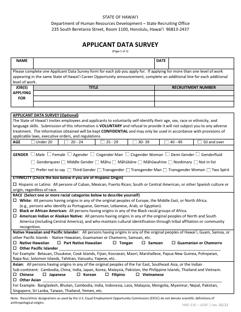 Form HRD330 Applicant Data Survey - Hawaii