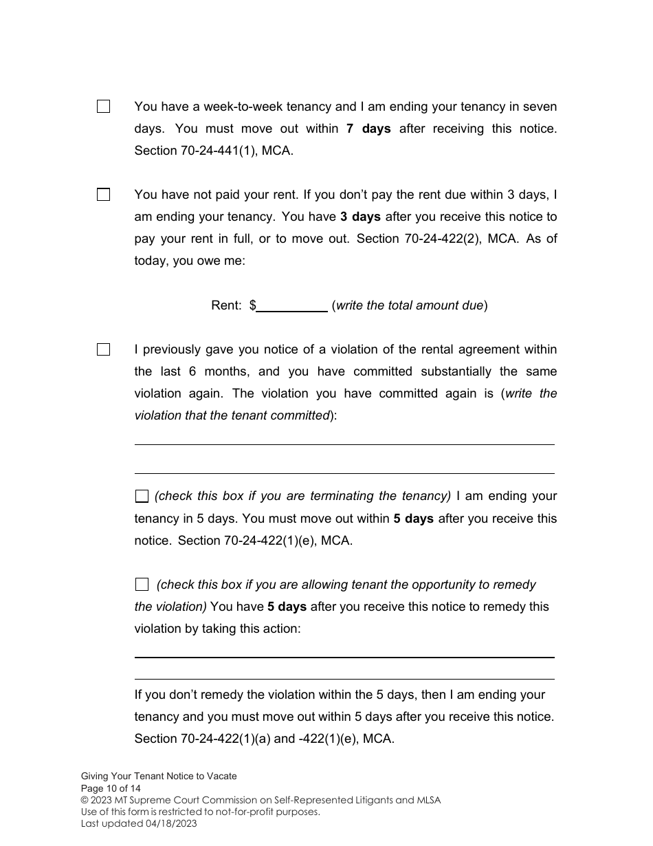 Notice to Vacate (Giving Your Tenant Notice of Termination) - Montana, Page 10