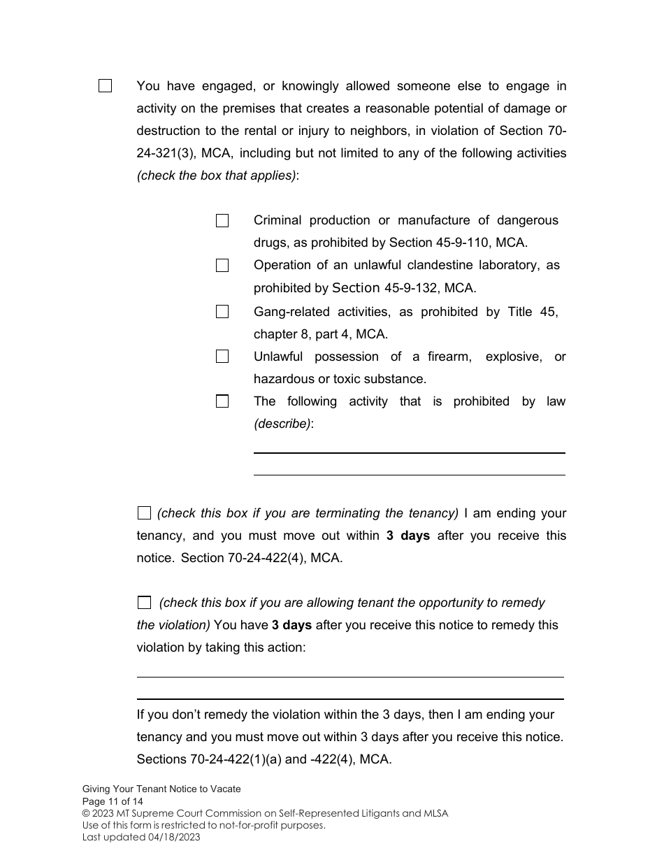 Notice to Vacate (Giving Your Tenant Notice of Termination) - Montana, Page 11