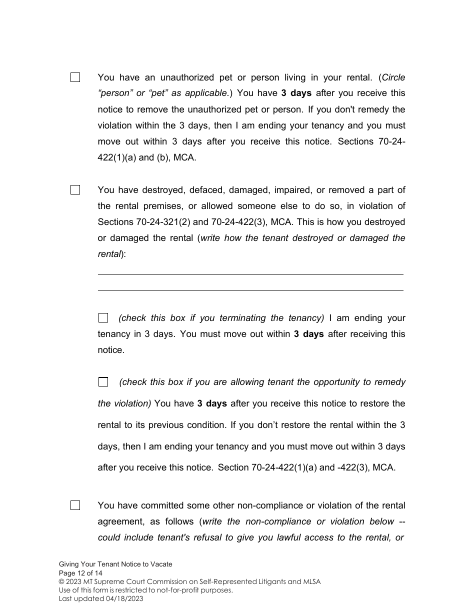 Notice to Vacate (Giving Your Tenant Notice of Termination) - Montana, Page 12
