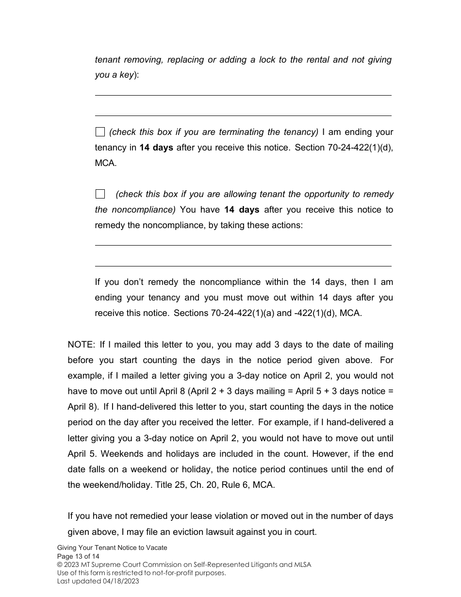 Notice to Vacate (Giving Your Tenant Notice of Termination) - Montana, Page 13
