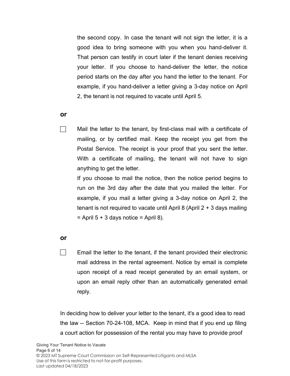 Notice to Vacate (Giving Your Tenant Notice of Termination) - Montana, Page 6
