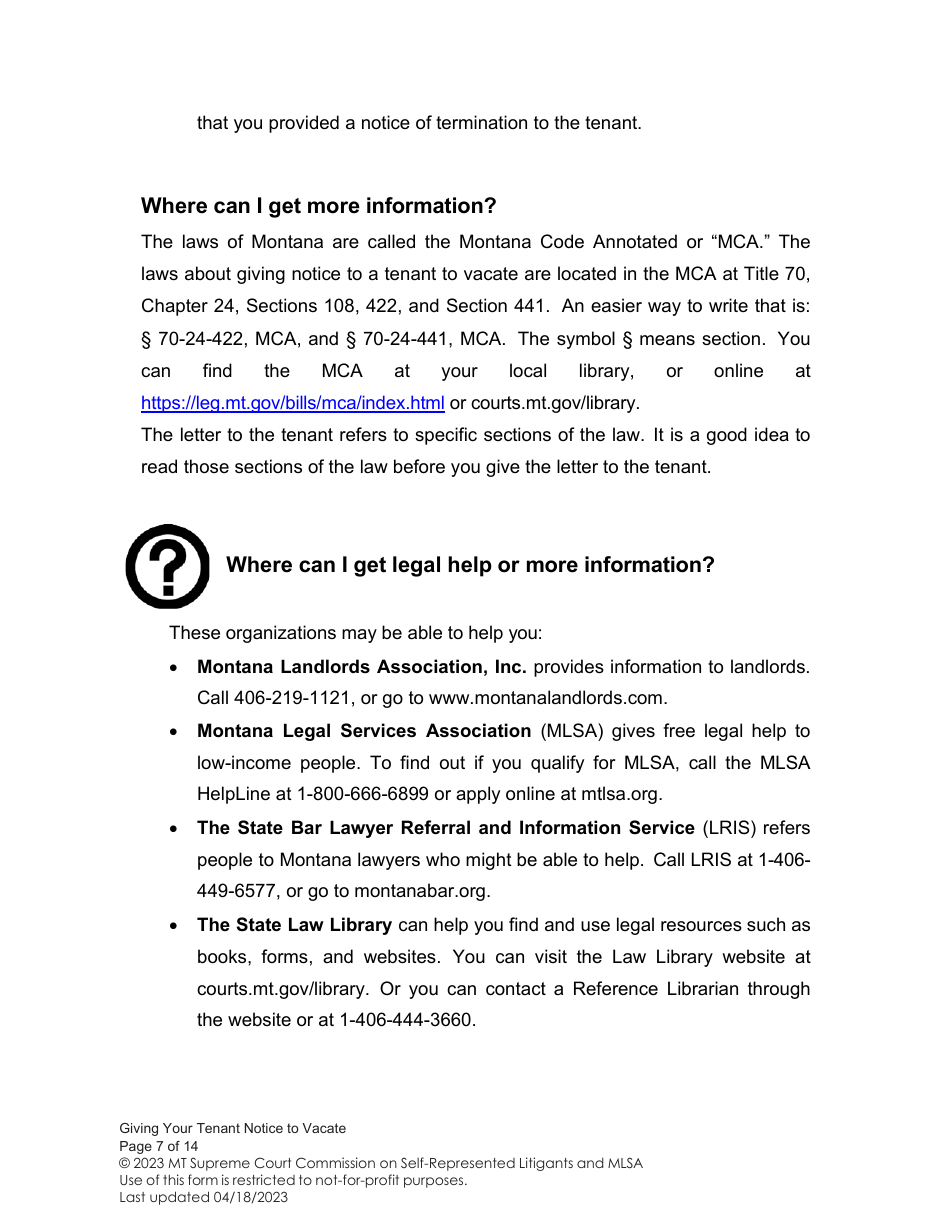 Notice to Vacate (Giving Your Tenant Notice of Termination) - Montana, Page 7