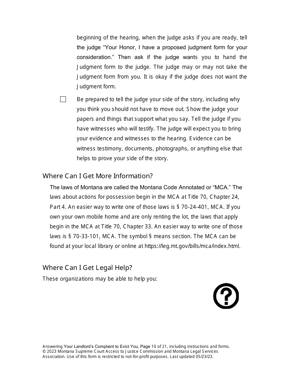 Answering an Action for Possession Packet (Answering Your Landlords Complaint to Evict You) - Montana, Page 10