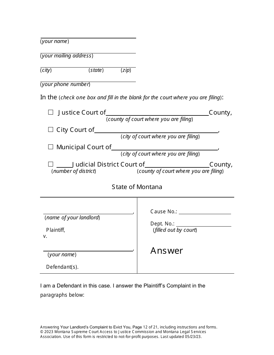 Answering an Action for Possession Packet (Answering Your Landlords Complaint to Evict You) - Montana, Page 12