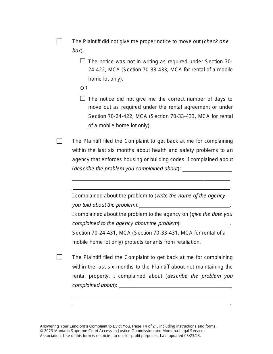Answering an Action for Possession Packet (Answering Your Landlords Complaint to Evict You) - Montana, Page 14