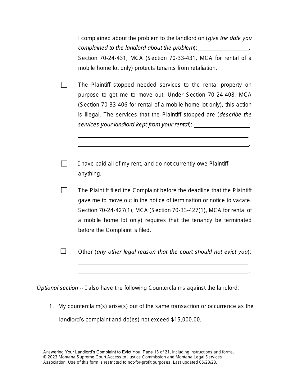 Answering an Action for Possession Packet (Answering Your Landlords Complaint to Evict You) - Montana, Page 15