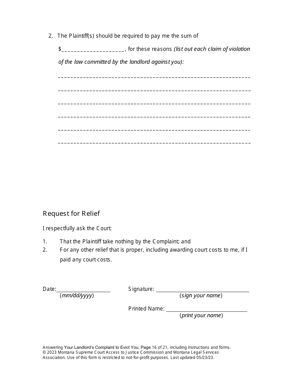 Answering an Action for Possession Packet (Answering Your Landlords Complaint to Evict You) - Montana, Page 16