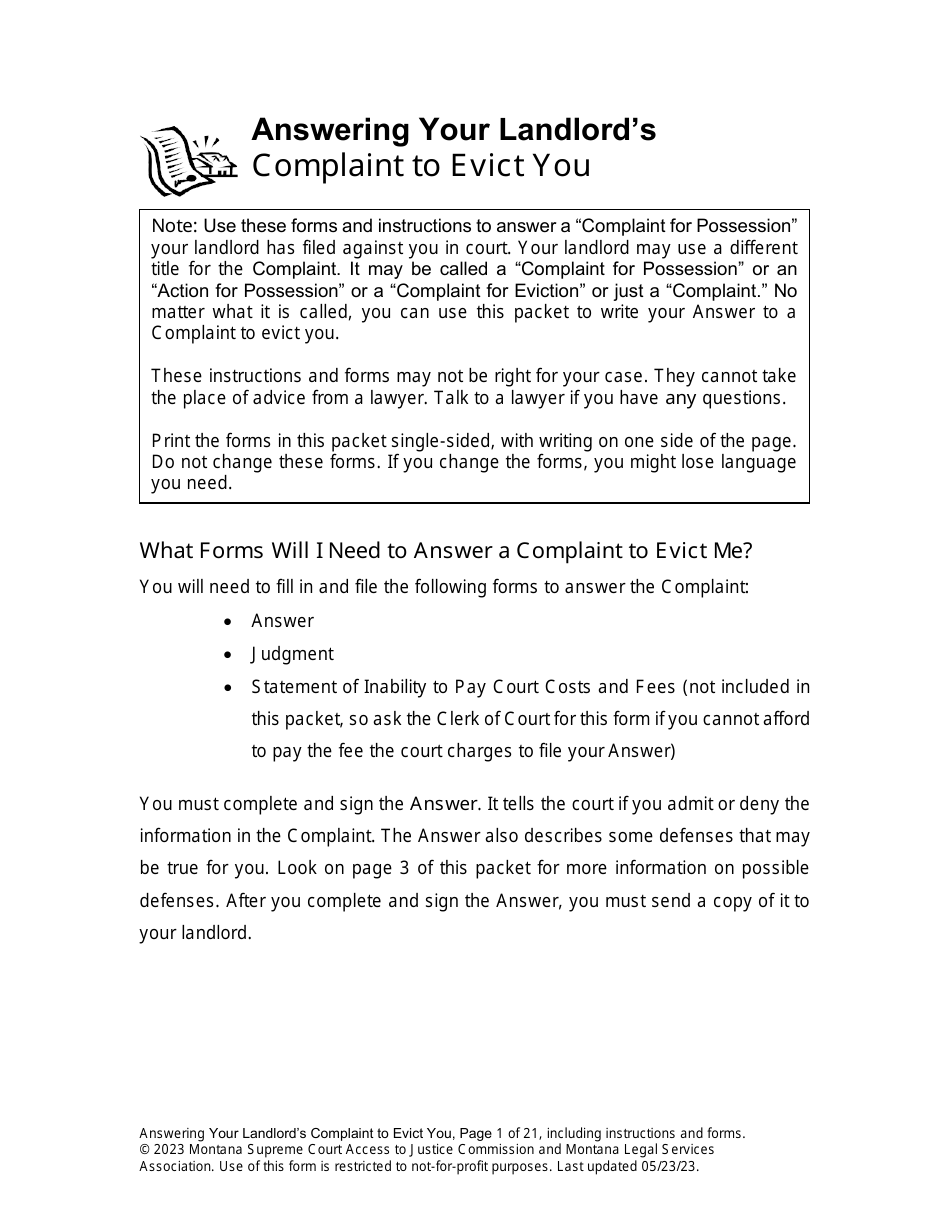 Answering an Action for Possession Packet (Answering Your Landlords Complaint to Evict You) - Montana, Page 1
