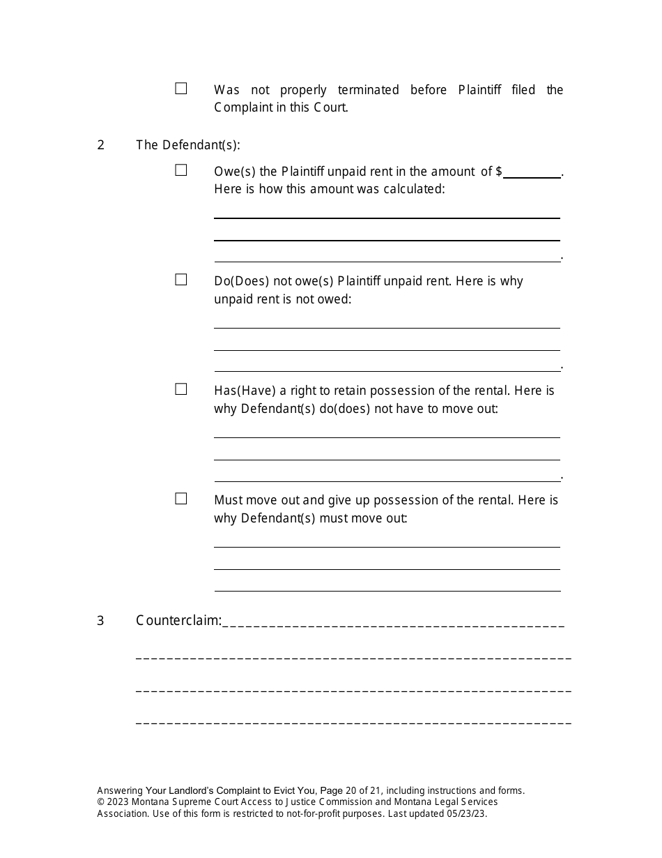 Answering an Action for Possession Packet (Answering Your Landlords Complaint to Evict You) - Montana, Page 20