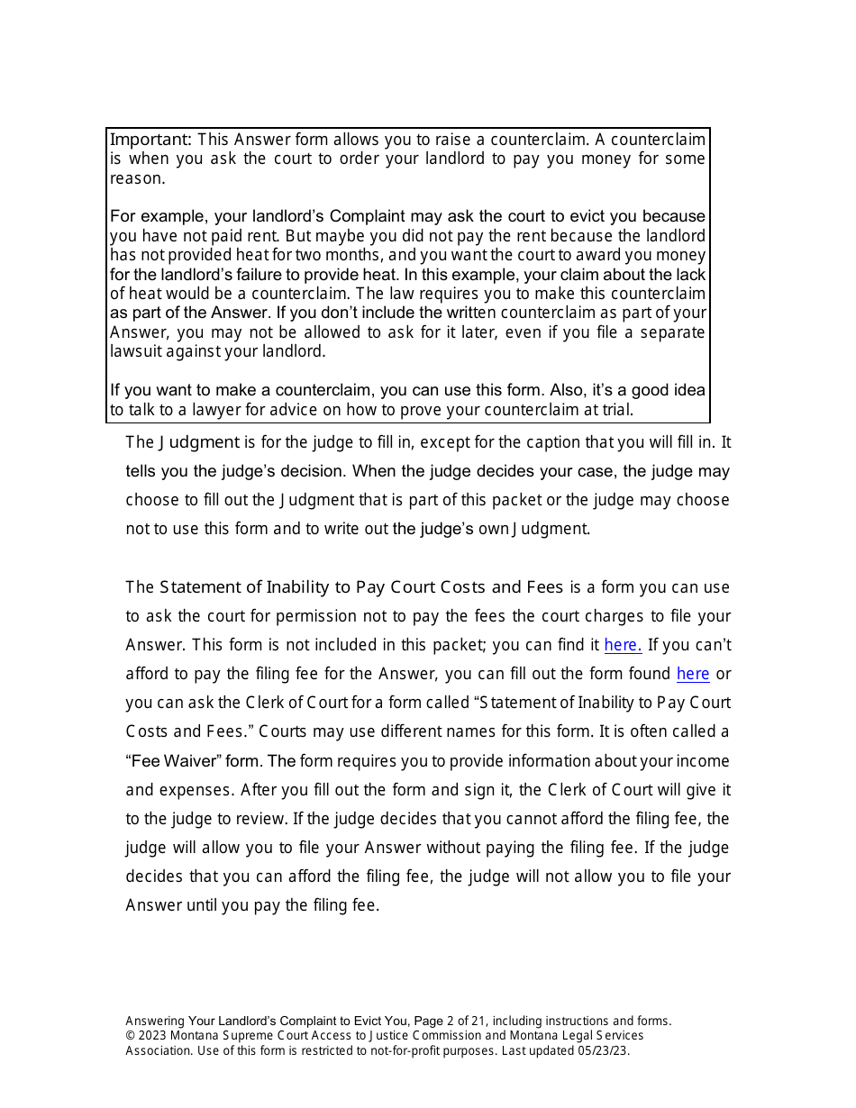 Answering an Action for Possession Packet (Answering Your Landlords Complaint to Evict You) - Montana, Page 2